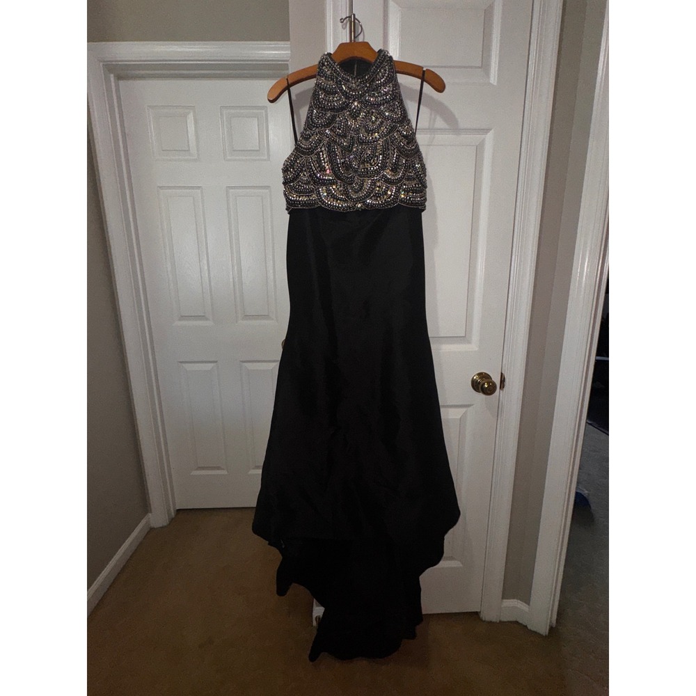 Jovani Black Beaded Halter Neck Formal Gown Prom‎ Dress Size 4 Scalloped Bodice - Picture 4 of 12